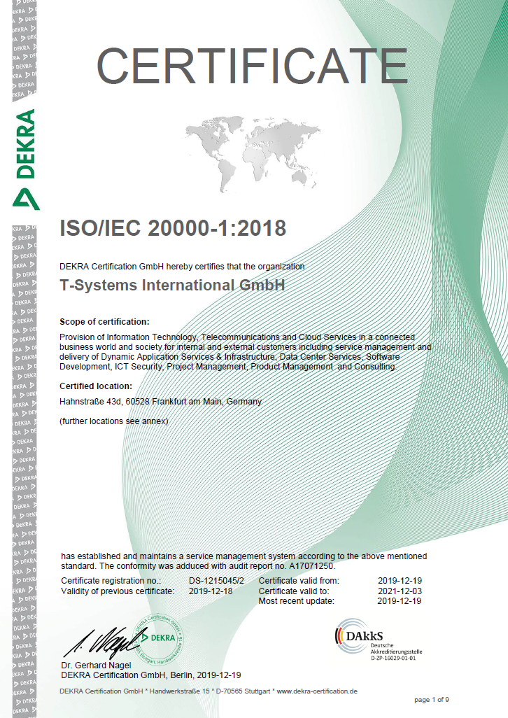 Zertifikat ISO/IEC 20000-1:2018 Zertifikat ISO/IEC 20000-1:2018